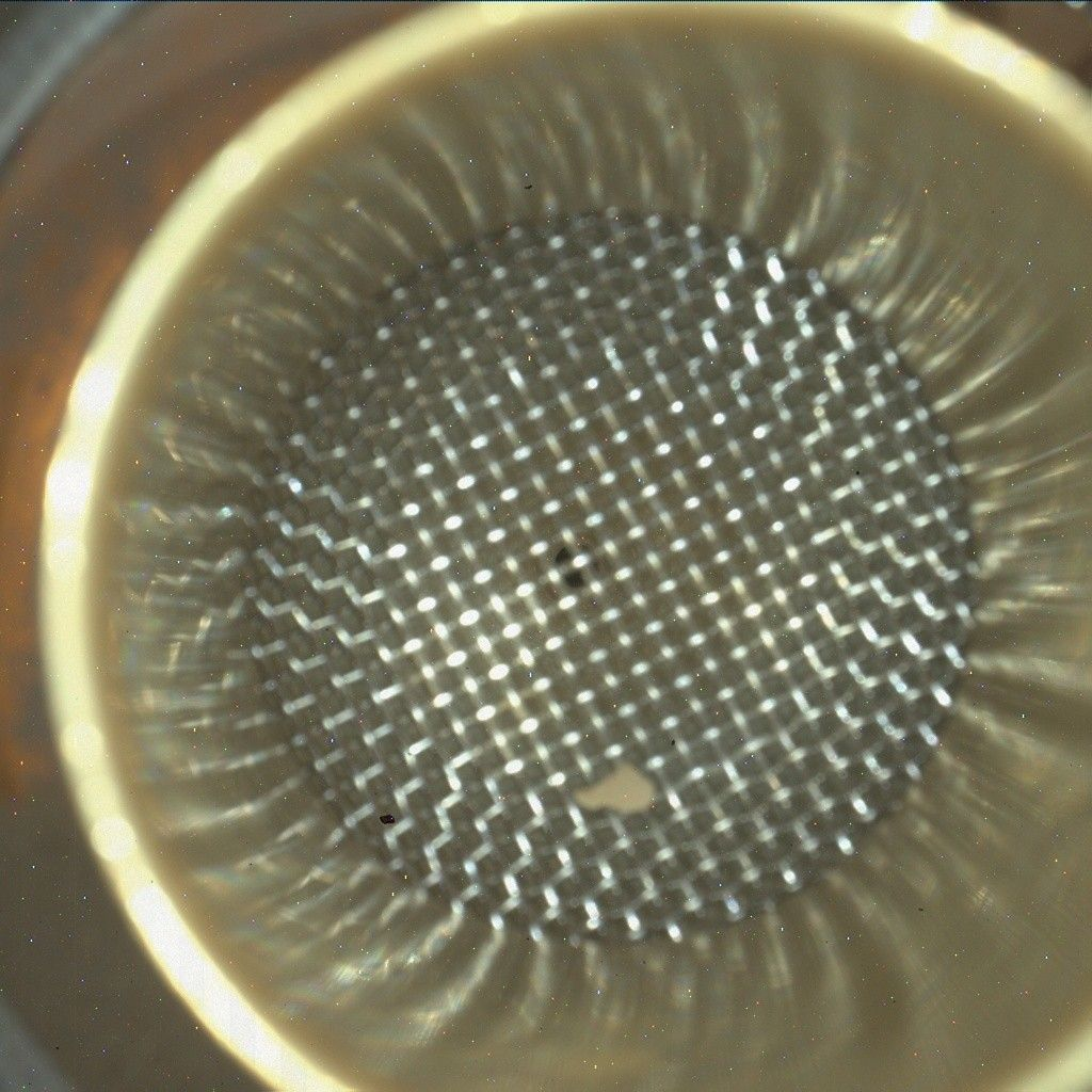 A tight close-up view looking down into a circular instrument opening on the Curiosity Mars rover. The interior features a gold-toned, smooth metallic funnel that slopes inward, ending in a fine, woven silver-colored wire mesh screen with a regular square grid pattern. Bright, radial light reflections streak down the inner walls of the funnel toward the center. Resting on the surface of the mesh screen are a few tiny dark specks and one small, light-colored, irregularly shaped grain of material.