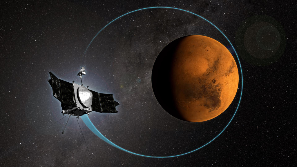 Artist’s illustration of the MAVEN spacecraft in its elliptical orbit around Mars (not to scale). Credit: NASA/University of Colorado/LASP