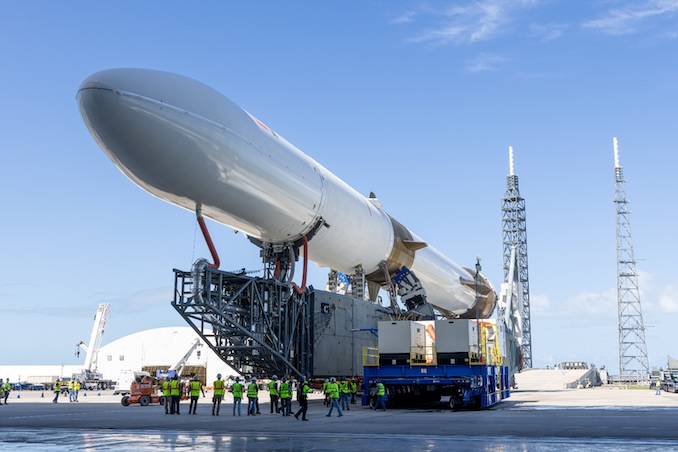 The New Glenn rocket, mounted atop its transporter-erector, is moved to launch pad 36 for final launch preparations ahead of the NG-3 flight. The transporter-erector and the rocket, without its nose cone and satellite payload, were destroyed last week in a launch pad explosion. Image: Blue Origin